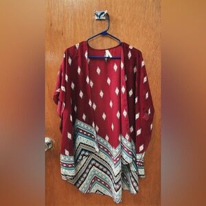 Red and White Cardigan with Geometric Patterns